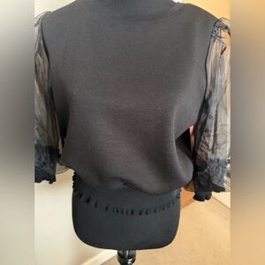 Gracia Black Puff Sheer Sleeve Knit Top